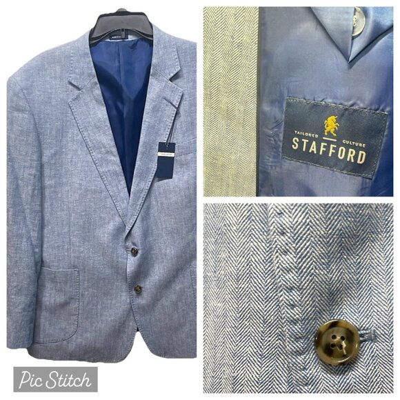 NWT Stafford Signature Mens Coat 48R Herringbone Blue Linen Cotton Blend Blazer